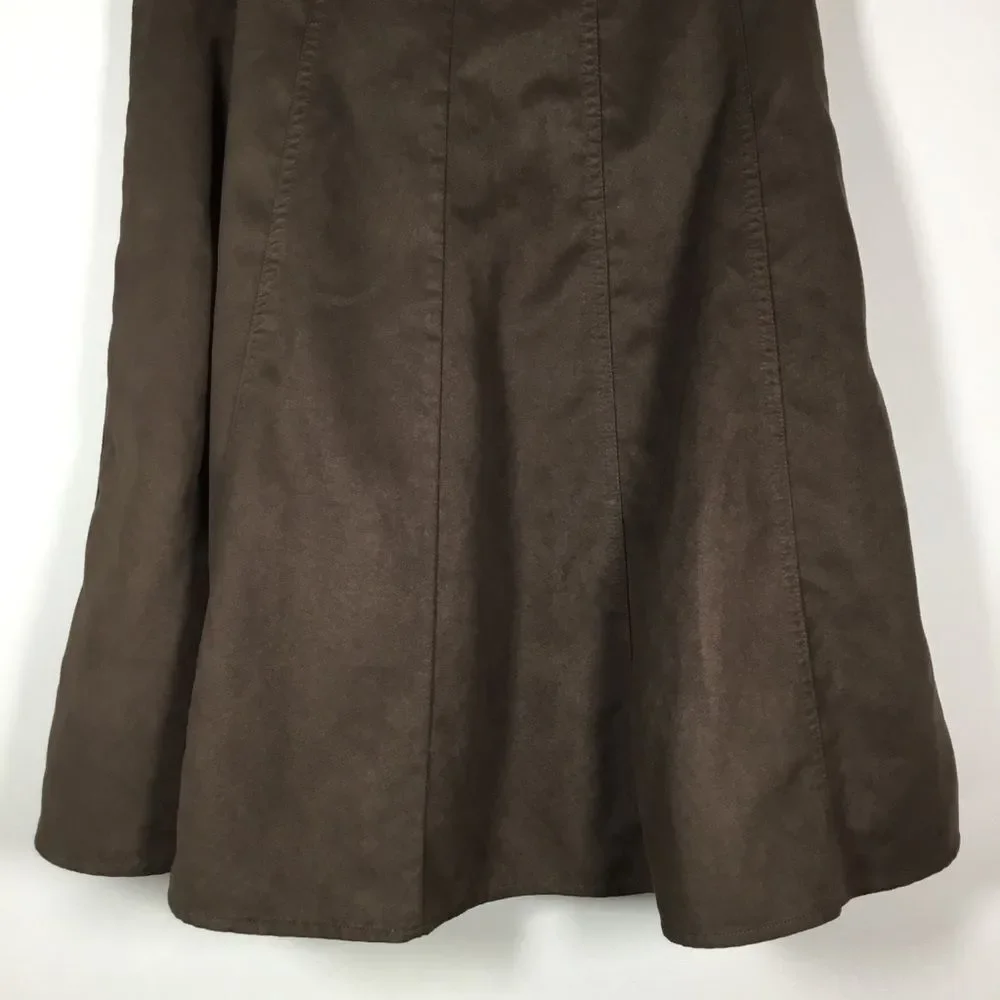 Brown faux vegan suede western prairie a line skirt satin liner size 6 waist 30”
